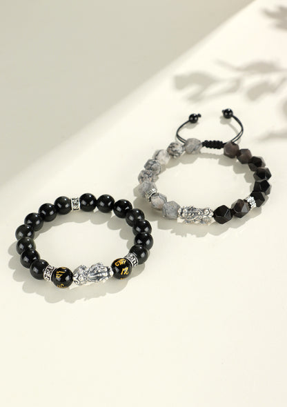 999 Silver Pixiu Obsidian Fortune Bracelet