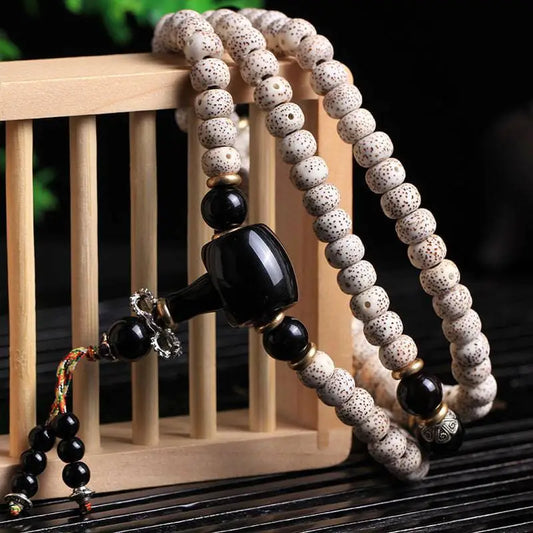 Fortune & Karma - 108 Beads Bodhi Seed Mala Black Obsidian Blessing Necklace Bracelet