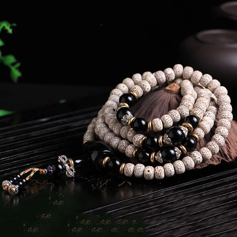 Fortune & Karma - 108 Beads Bodhi Seed Mala Black Obsidian Blessing Necklace Bracelet