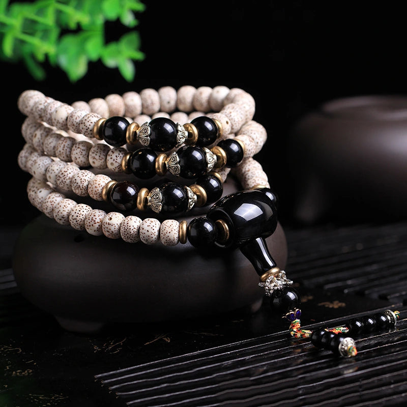 Fortune & Karma - 108 Beads Bodhi Seed Mala Black Obsidian Blessing Necklace Bracelet