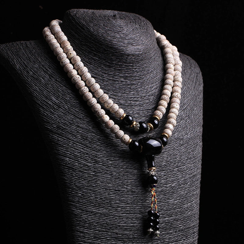 Fortune & Karma - 108 Beads Bodhi Seed Mala Black Obsidian Blessing Necklace Bracelet