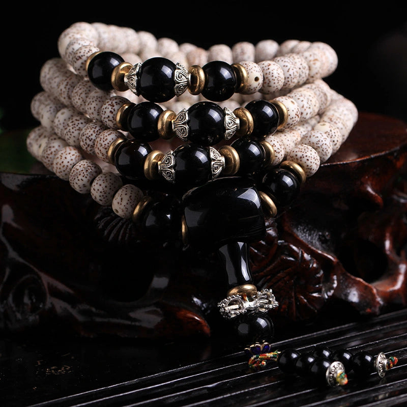 Fortune & Karma - 108 Beads Bodhi Seed Mala Black Obsidian Blessing Necklace Bracelet