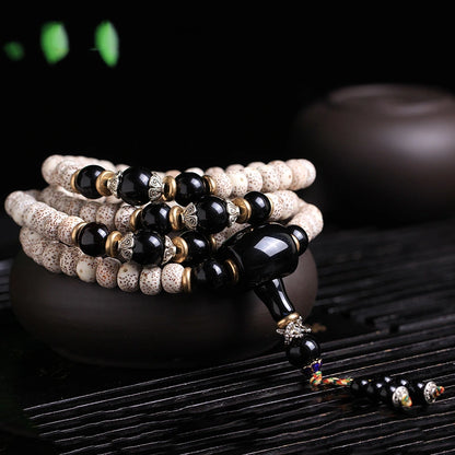 Fortune & Karma - 108 Beads Bodhi Seed Mala Black Obsidian Blessing Necklace Bracelet