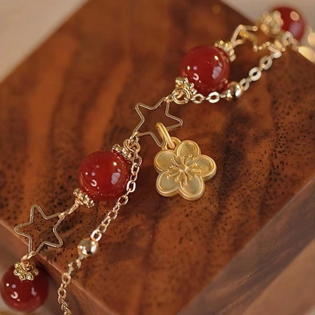 14k Gold Plated Red Agate Star Flower Charm Calm Bracelet - Fortune & Karma