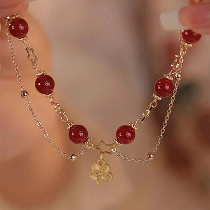 14k Gold Plated Red Agate Star Flower Charm Calm Bracelet - Fortune & Karma