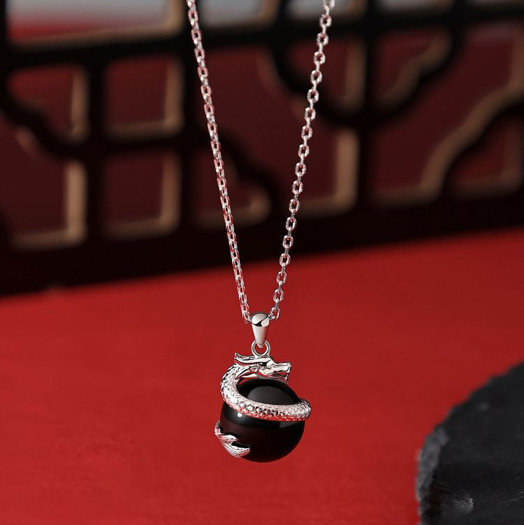925 Sterling Silver Year of the Dragon Black Obsidian Fulfilment Necklace Pendant - Fortune & Karma