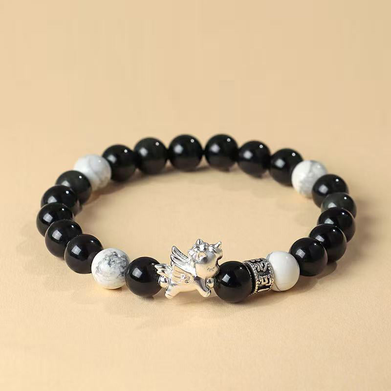 Fortune & Karma 999 Sterling Silver Pegasus Obsidian & Bodhi Seed Strength Bracelet