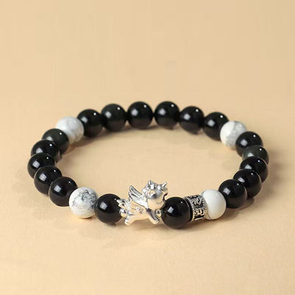 Fortune & Karma 999 Sterling Silver Pegasus Obsidian & Bodhi Seed Strength Bracelet