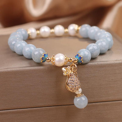 Aquamarine Pearl Fortune Money Bag Charm Bracelet - Fortune & Karma