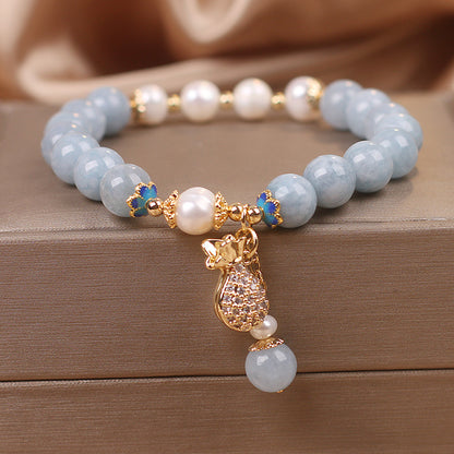 Aquamarine Pearl Fortune Money Bag Charm Bracelet - Fortune & Karma