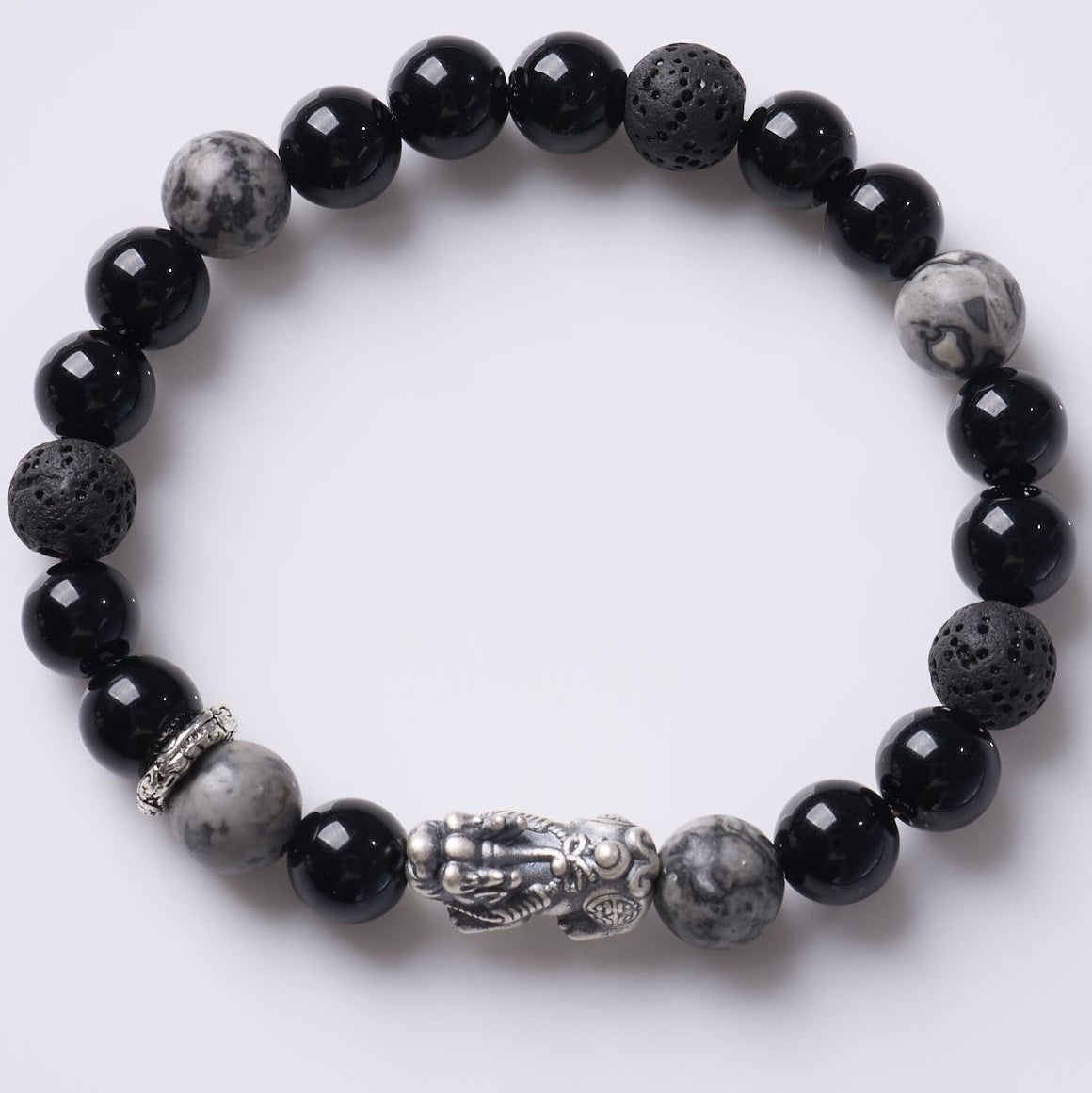 Black Agate Silver Pixiu Fortune Bracelet