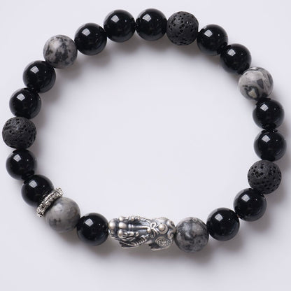 Black Agate Silver Pixiu Fortune Bracelet