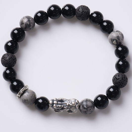 Black Agate Silver Pixiu Fortune Bracelet