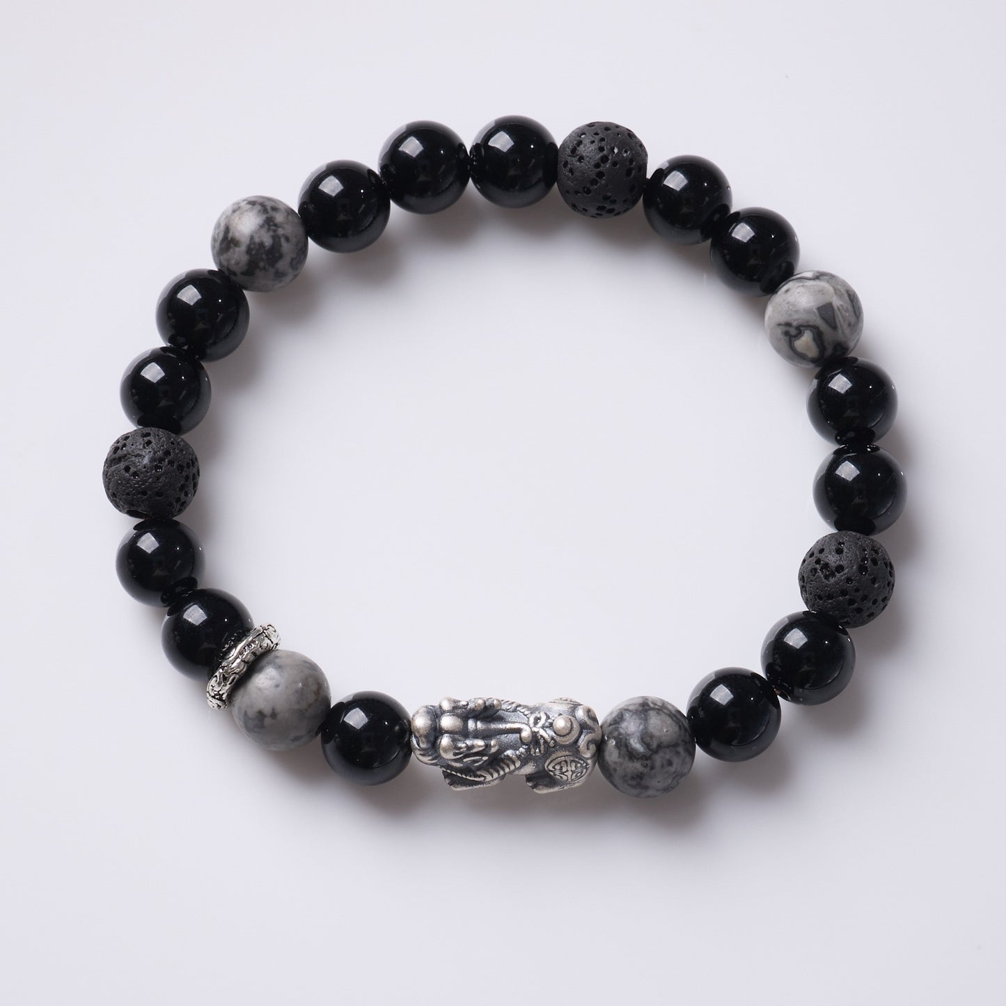 Black Agate Silver Pixiu Fortune Bracelet