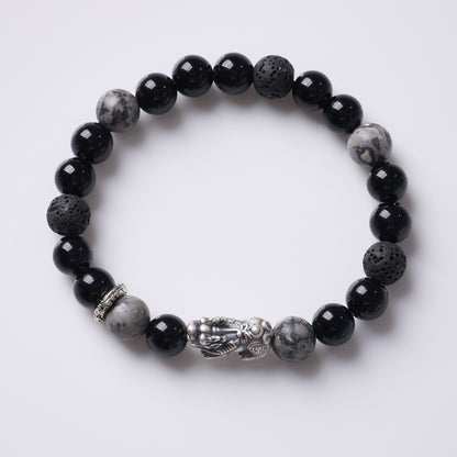 Black Agate Silver Pixiu Fortune Bracelet