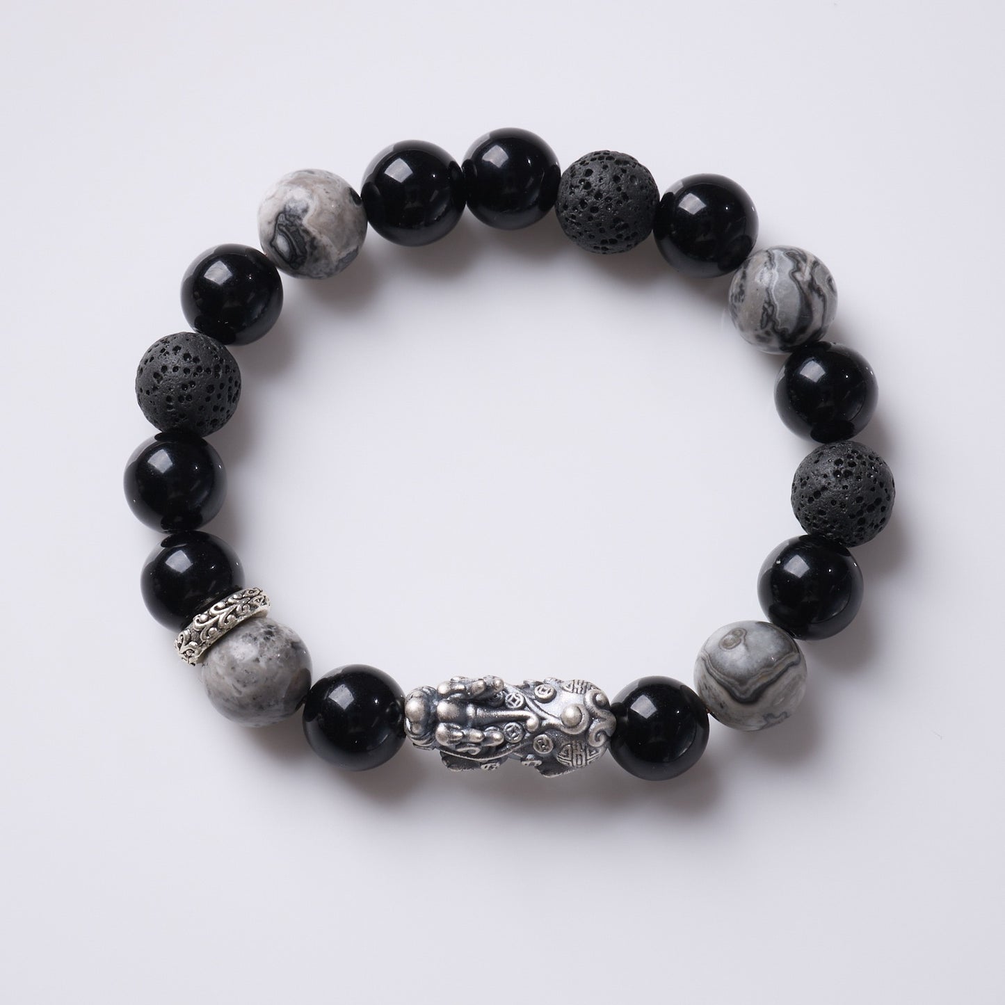 Black Agate Silver Pixiu Fortune Bracelet