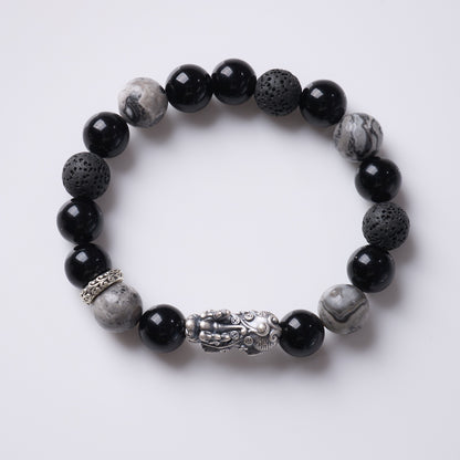 Black Agate Silver Pixiu Fortune Bracelet