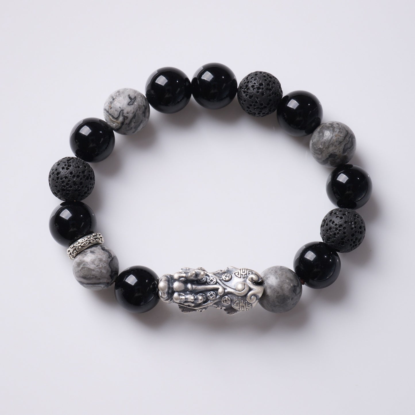 Black Agate Silver Pixiu Fortune Bracelet