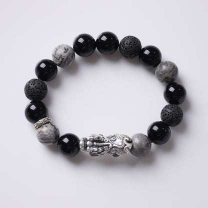 Black Agate Silver Pixiu Fortune Bracelet