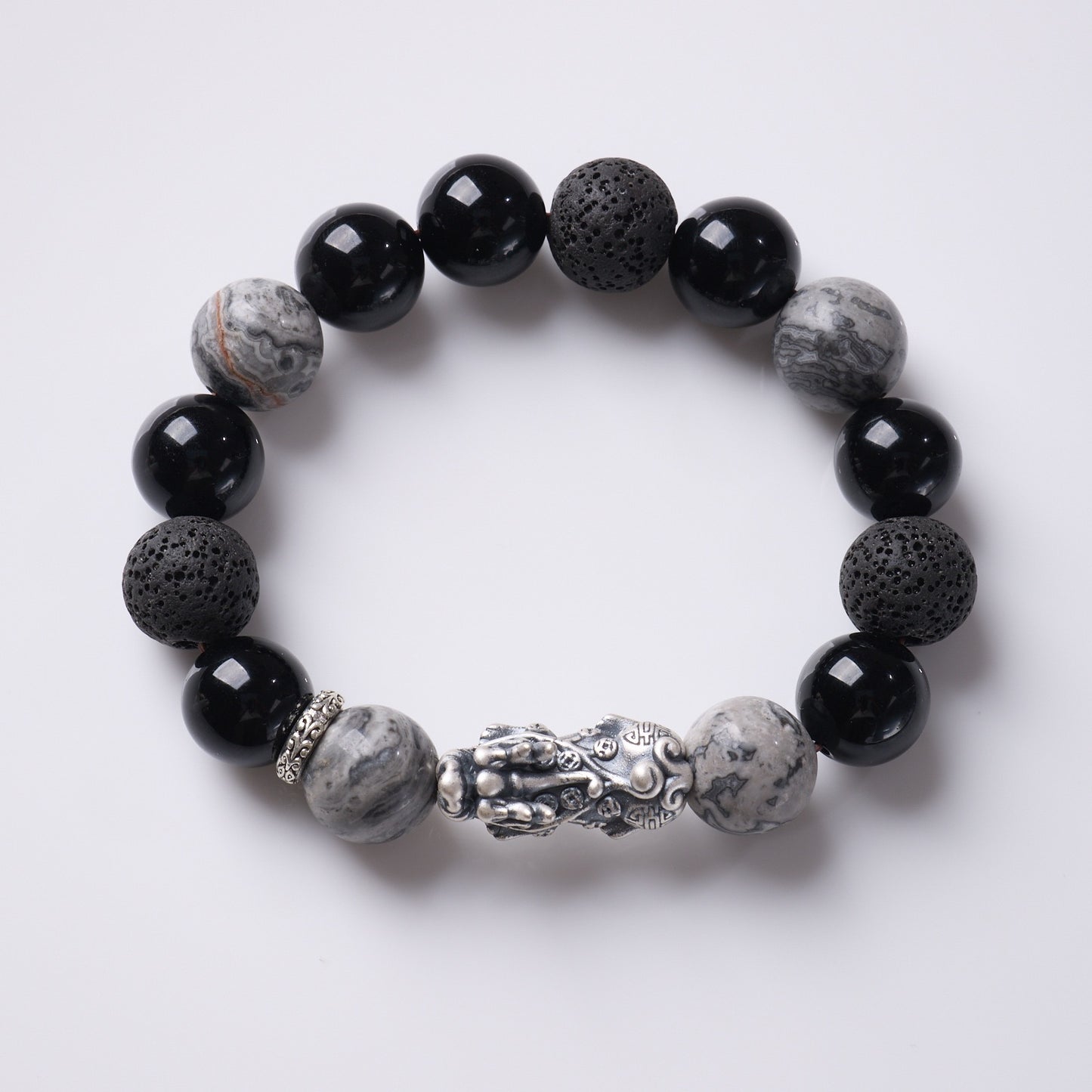 Black Agate Silver Pixiu Fortune Bracelet