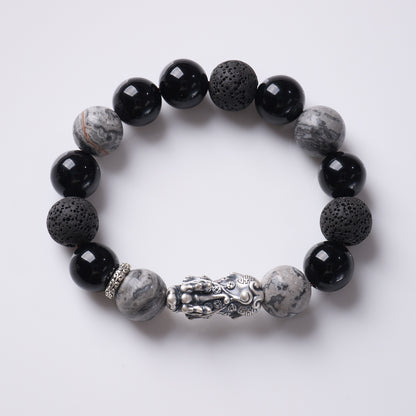 Black Agate Silver Pixiu Fortune Bracelet