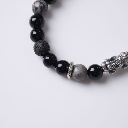 Black Agate Silver Pixiu Fortune Bracelet