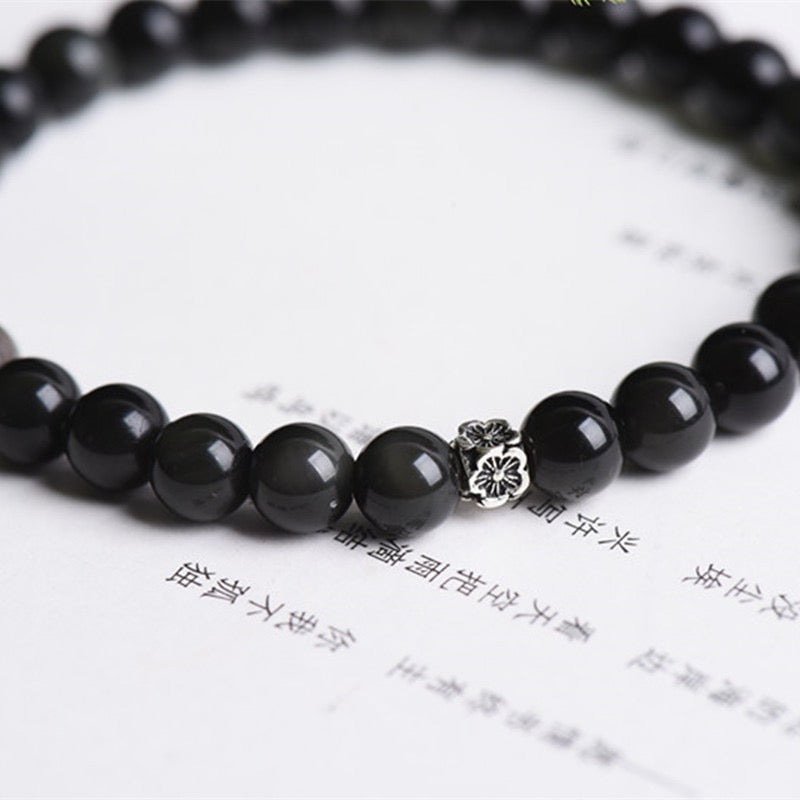 Black Obsidian Silver Flower Protection Bracelet