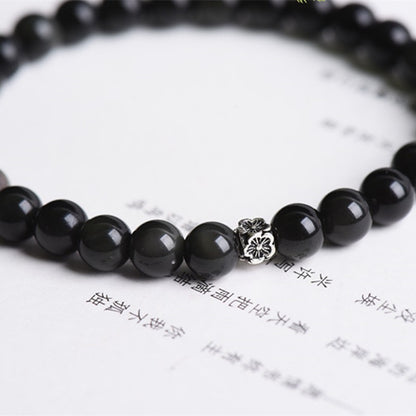 Black Obsidian Silver Flower Protection Bracelet