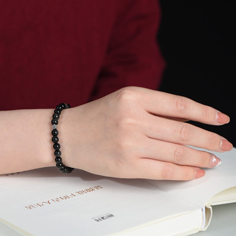 Black Obsidian Silver Flower Protection Bracelet