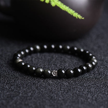 Black Obsidian Silver Flower Protection Bracelet