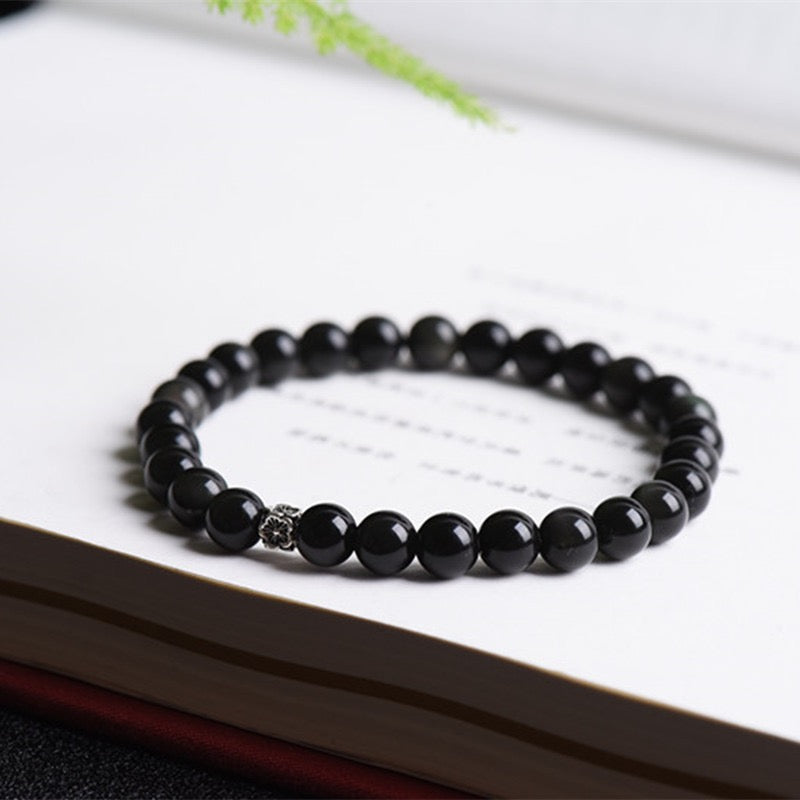 Black Obsidian Silver Flower Protection Bracelet