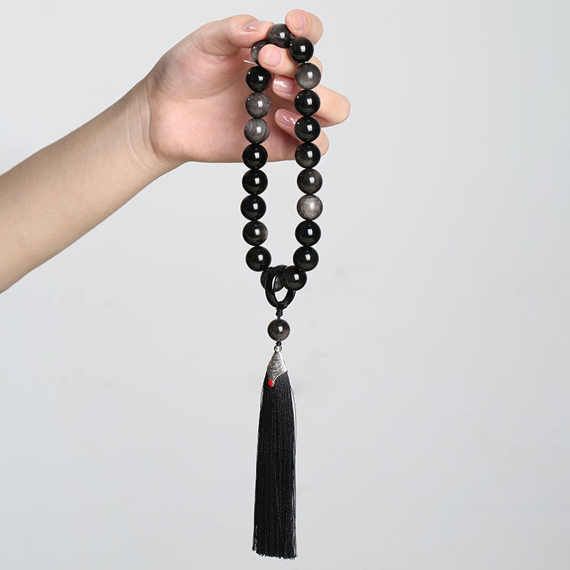 Black Obsidian Silver Sheen Obsidian Purification Tassel Wrist Mala - Fortune & Karma