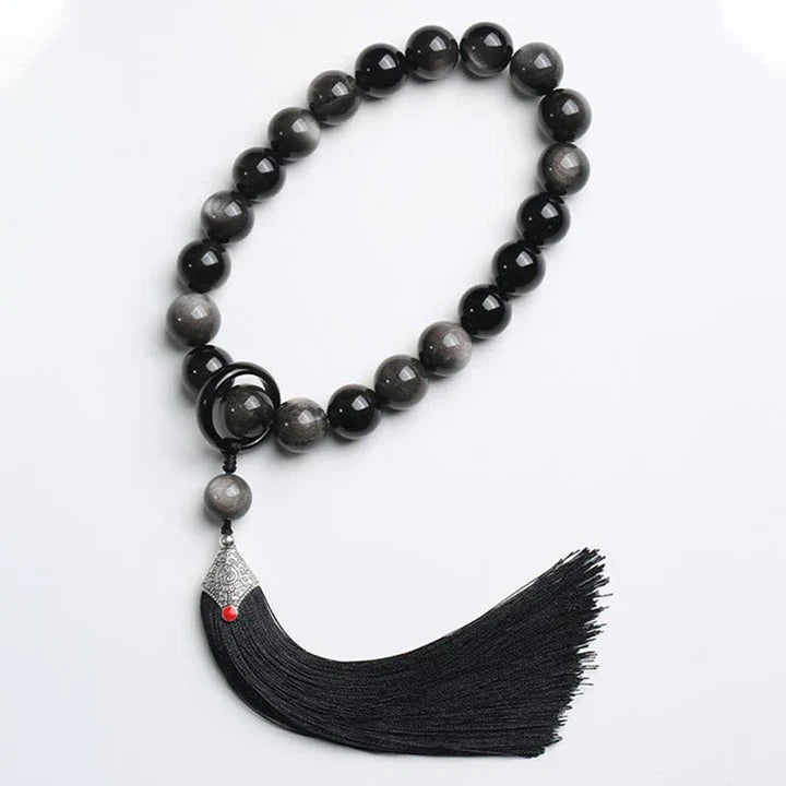 Black Obsidian Silver Sheen Obsidian Purification Tassel Wrist Mala - Fortune & Karma