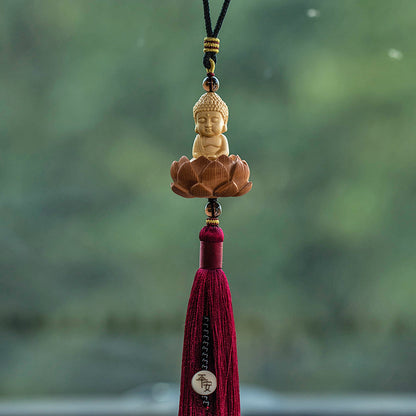 Fortune & Karma Boxwood Buddha Lotus Statue Peace Serene Blessings Car Pendant