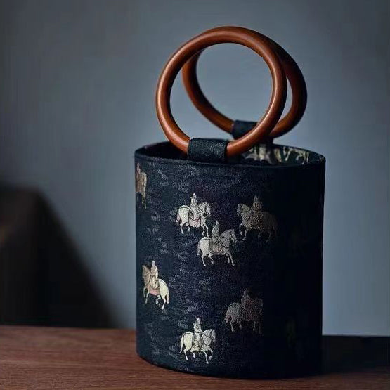 Fortune & Karma Ethnic style circular wooden handle Fortune Bucket Bag