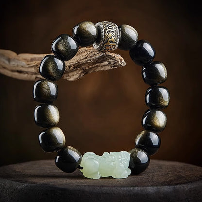 Gold Obsidian Pixiu Mantra Wealth Bracelet