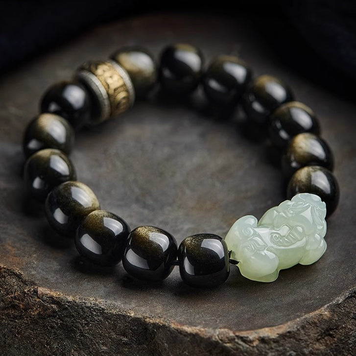 Gold Obsidian Pixiu Mantra Wealth Bracelet