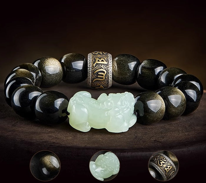 Gold Obsidian Pixiu Mantra Wealth Bracelet
