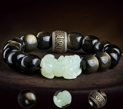 Gold Obsidian Pixiu Mantra Wealth Bracelet