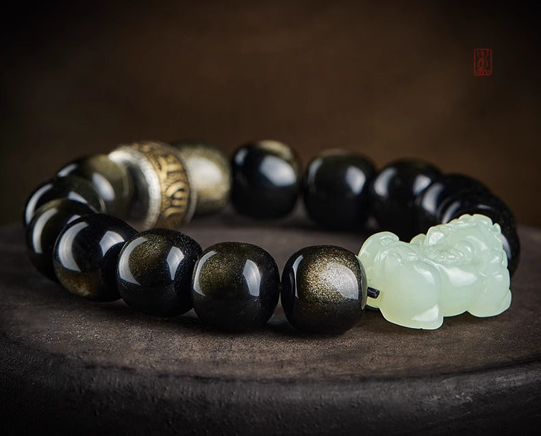 Gold Obsidian Pixiu Mantra Wealth Bracelet