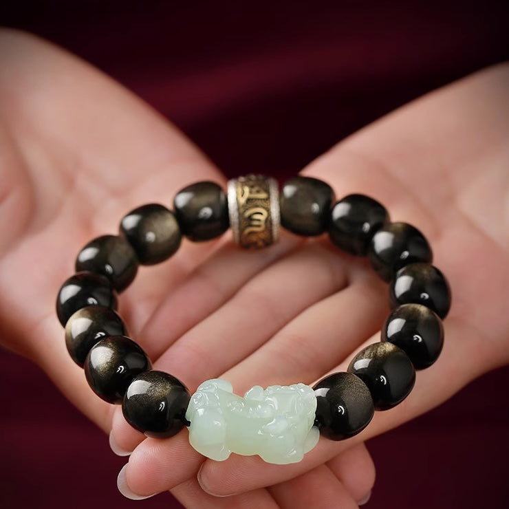 Gold Obsidian Pixiu Mantra Wealth Bracelet