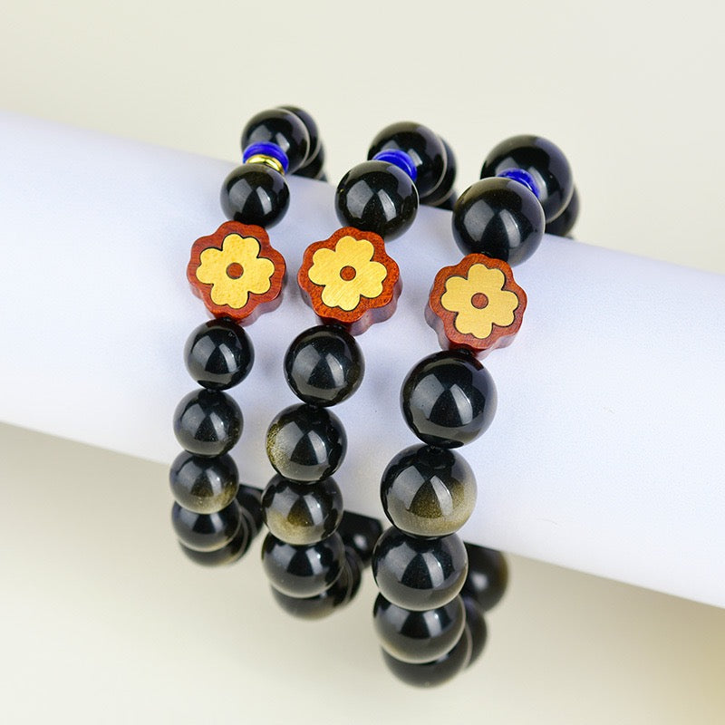 Golden Obsidian Four Leaf Clover Bracelet