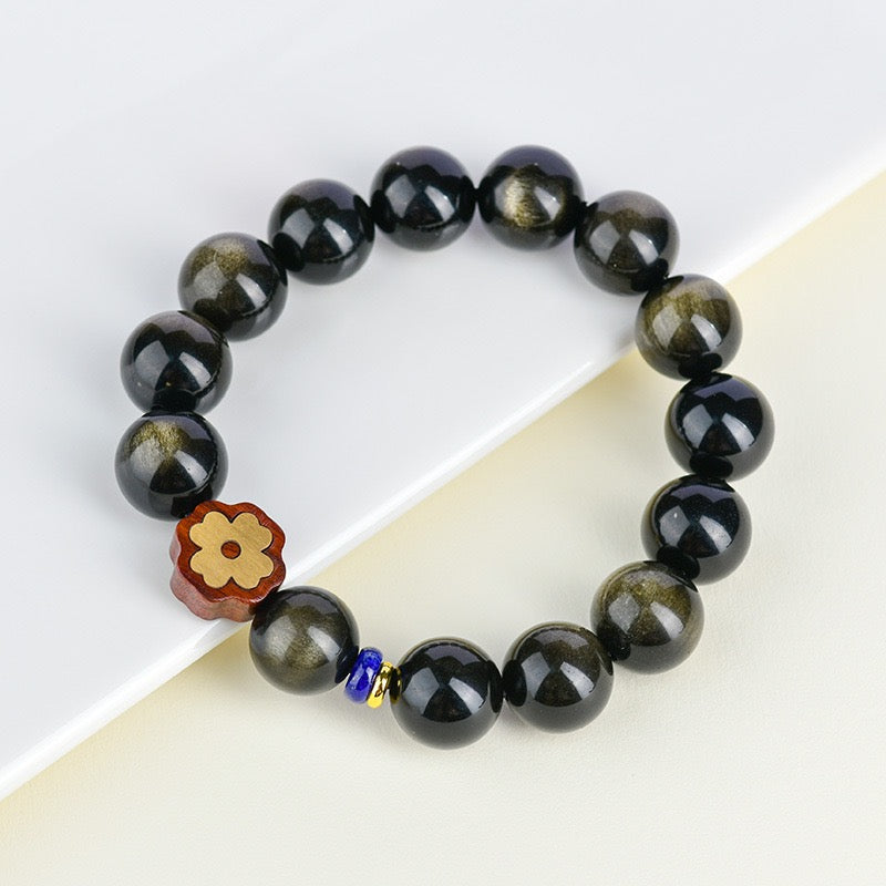 Golden Obsidian Four Leaf Clover Bracelet