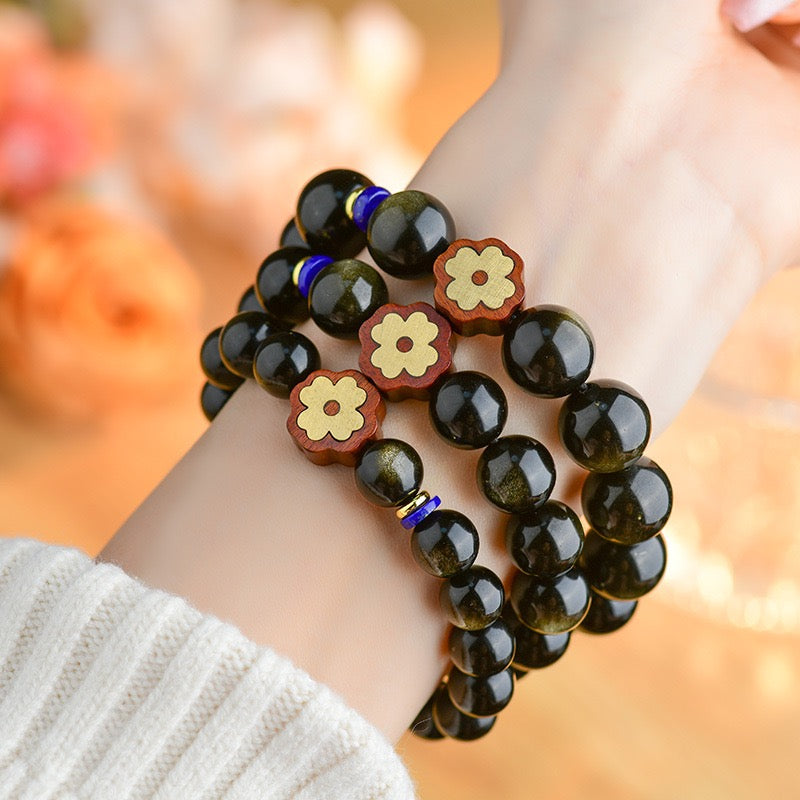 Golden Obsidian Four Leaf Clover Bracelet