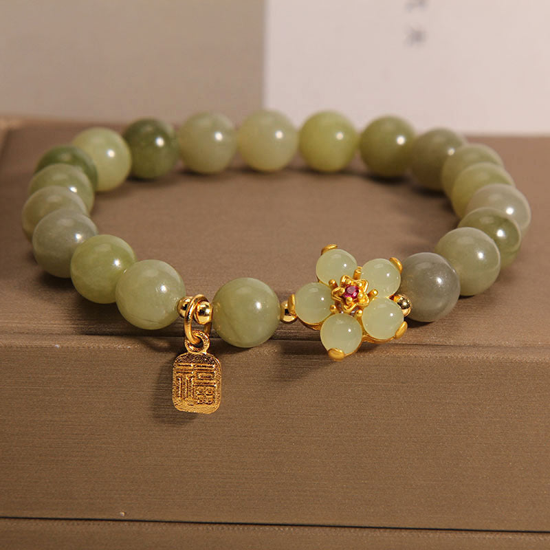 Fortune & Karma Green Jade Flower Fu Character Charm Luck Bracelet