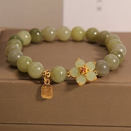 Fortune & Karma Green Jade Flower Fu Character Charm Luck Bracelet