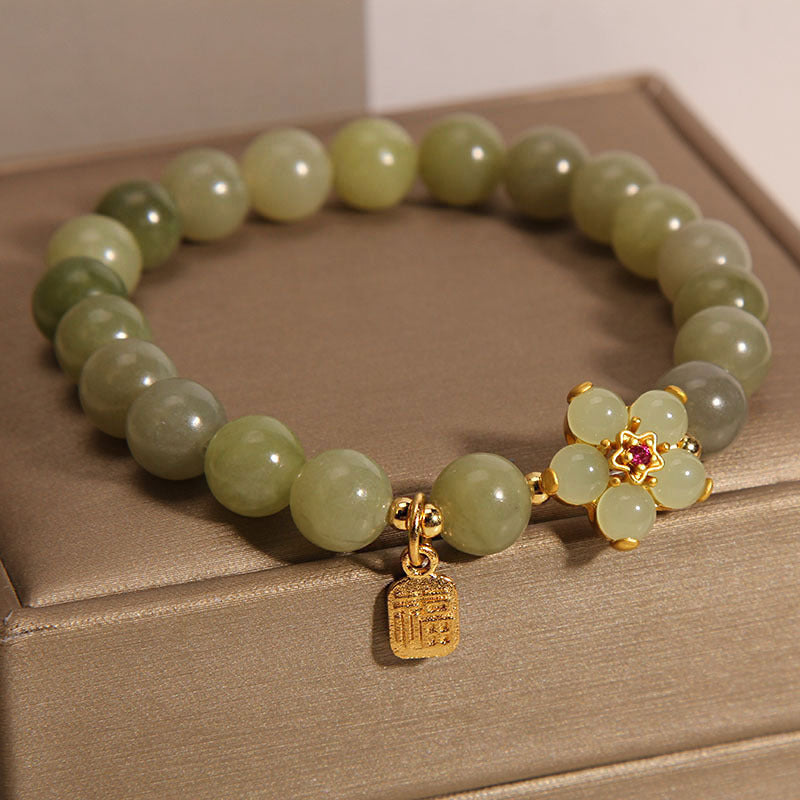 Fortune & Karma Green Jade Flower Fu Character Charm Luck Bracelet