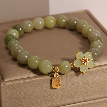 Fortune & Karma Green Jade Flower Fu Character Charm Luck Bracelet