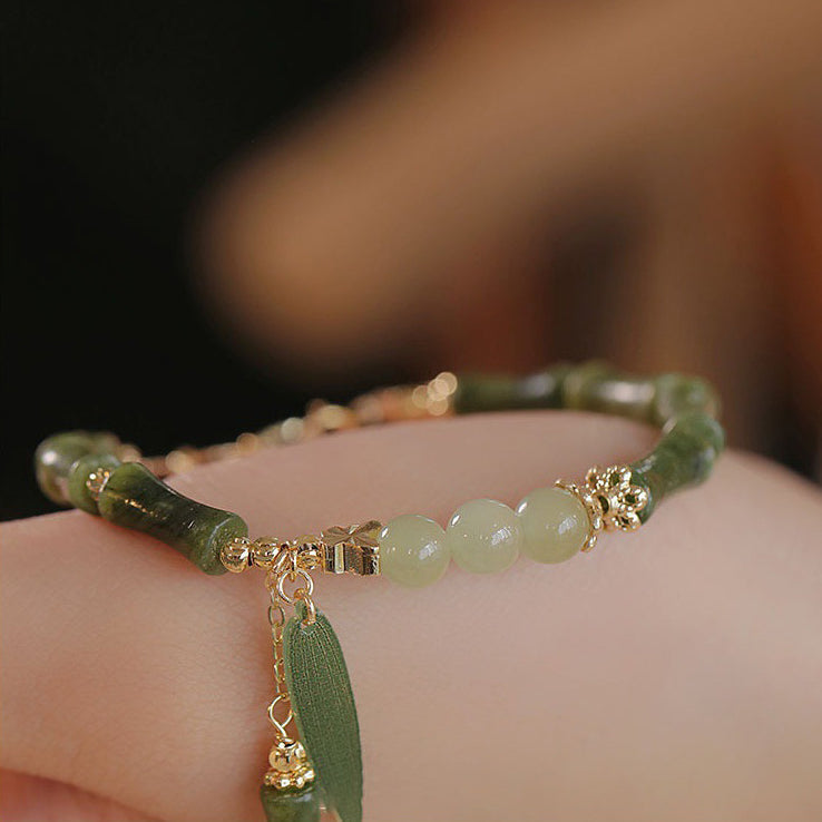 Jade Bamboo Leaf Lily of the Valley Pattern Luck Abundance Bracelet - Fortune & Karma