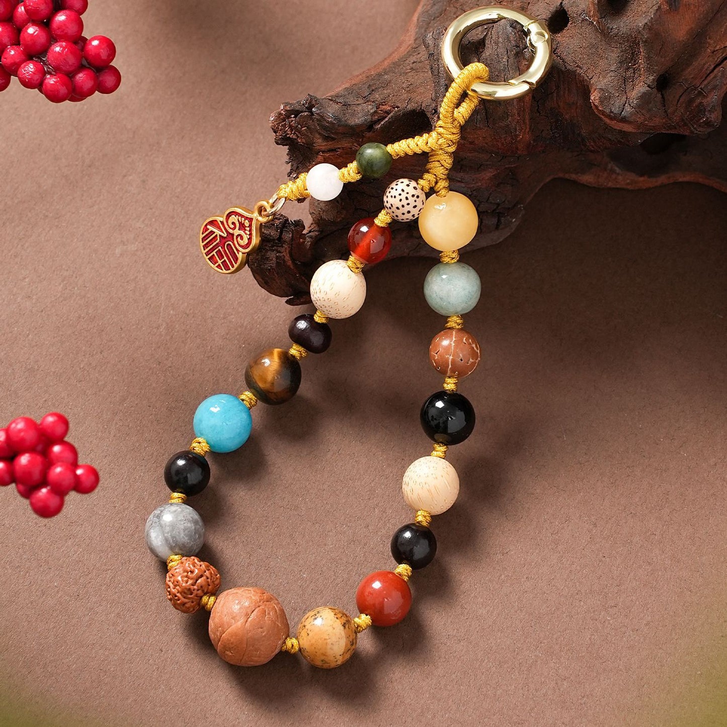 Fortune & Karma Natural Eighteen-Seed Gourd Phone Charm